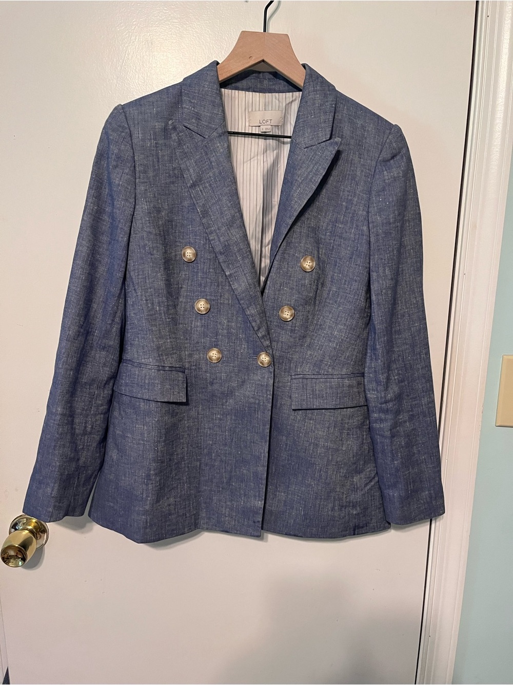 LOFT Navy Double-Breasted Linen-Blend Blazer with Gold Buttons